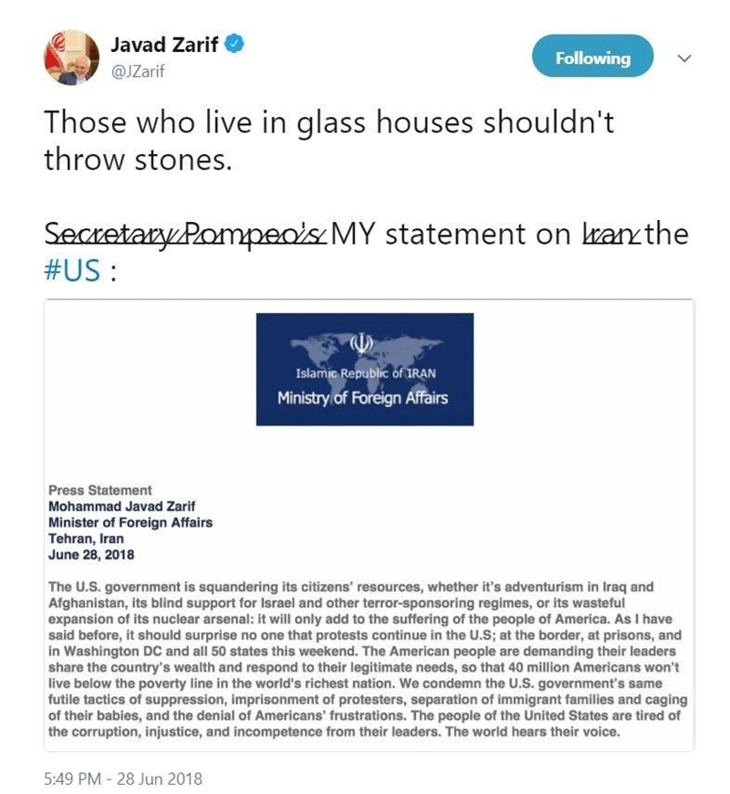 کنایه سنگین ظریف خطاب به وزیر خارجه آمریکا