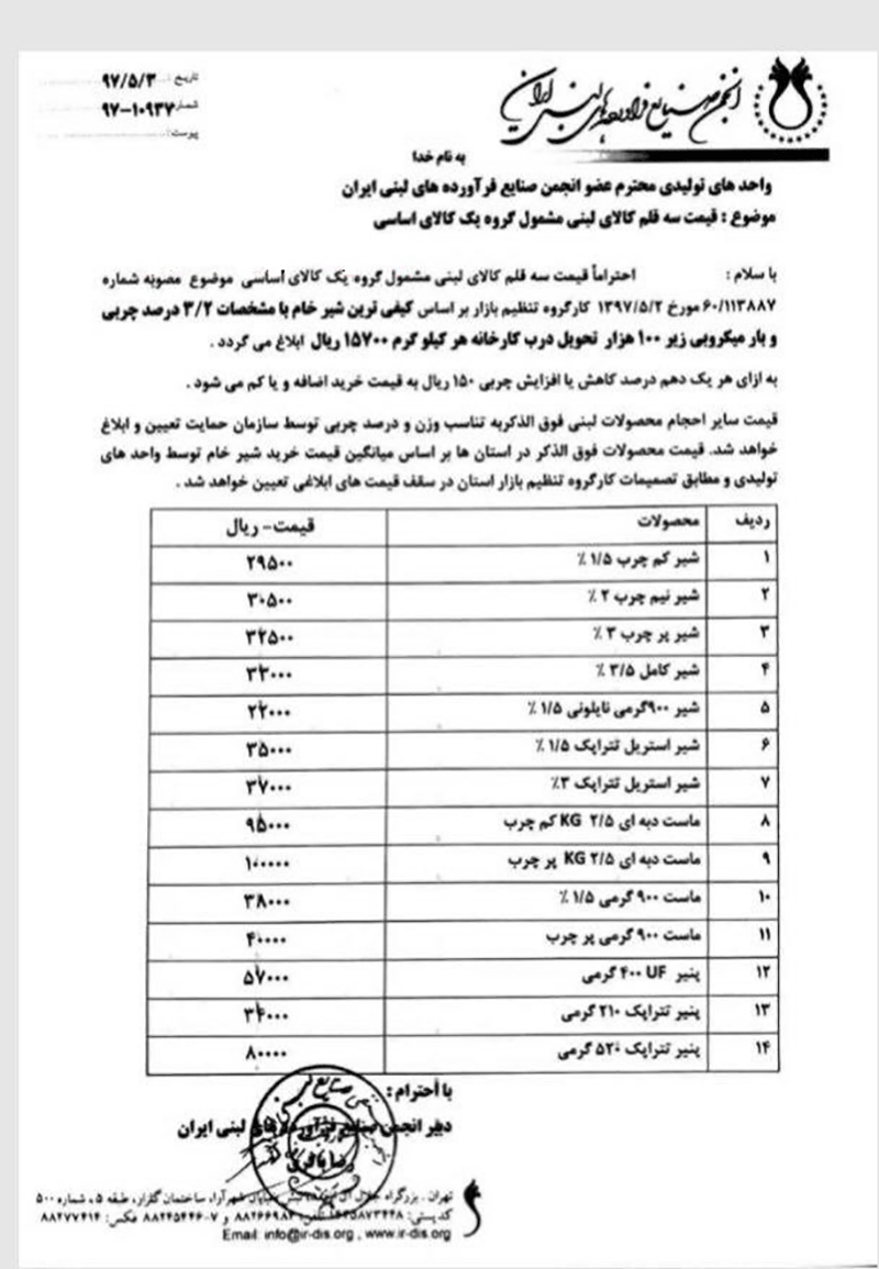 قیمت انواع لبنیات رسماً تا ۳۲درصد افزایش یافت