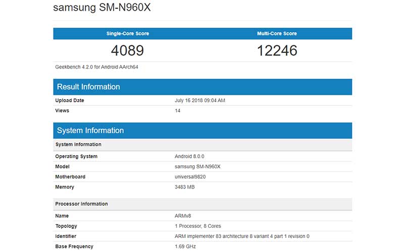 گلکسی نوت 9 با اکسینوس 9820 در بنچمارک گیک بنچ رؤیت شد