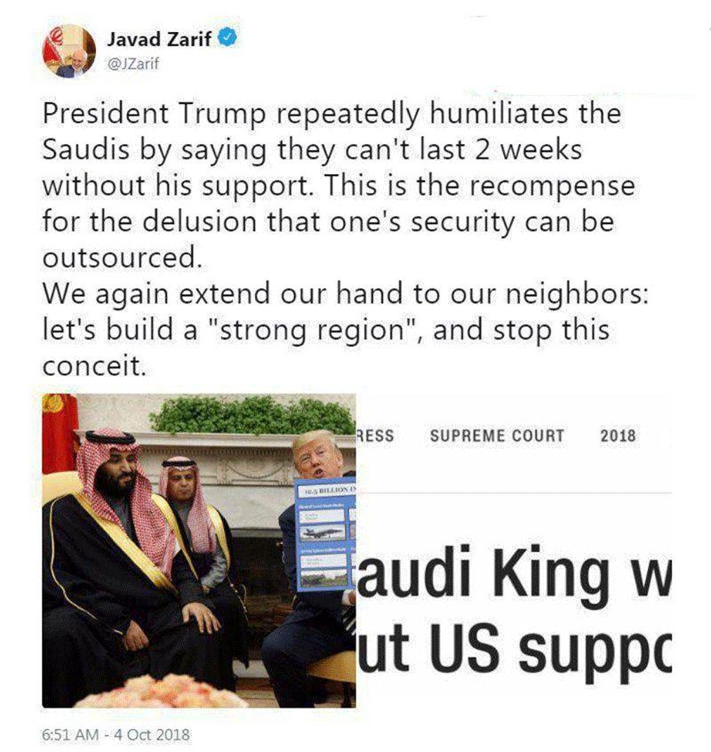ظریف: تحقیر عربستان توسط ترامپ بهای توهم برون سپاری امنیت است