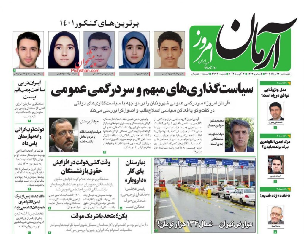 صفحه اول روزنامه های کشور