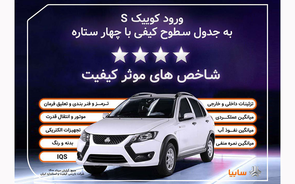 كوييك.اس با چهارستاره وارد جدول كيفی خودروهای داخلی شد كوييك.اس با چهارستاره وارد جدول كيفی خودروهای داخلی شد