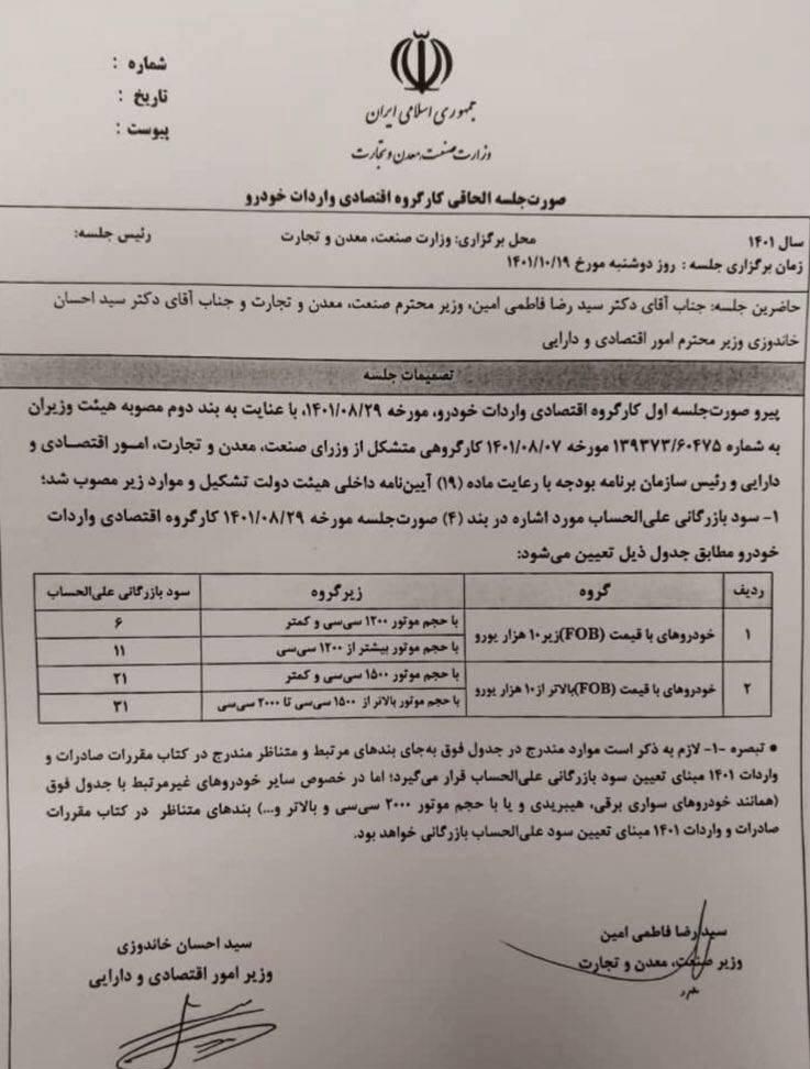 تعرفه جدید واردات خودرو