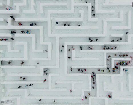 بازدیدکنندگان در تلاش برای پیدا کردن راه خروج از مارپیچ در پارکی زمستانی در لهستان