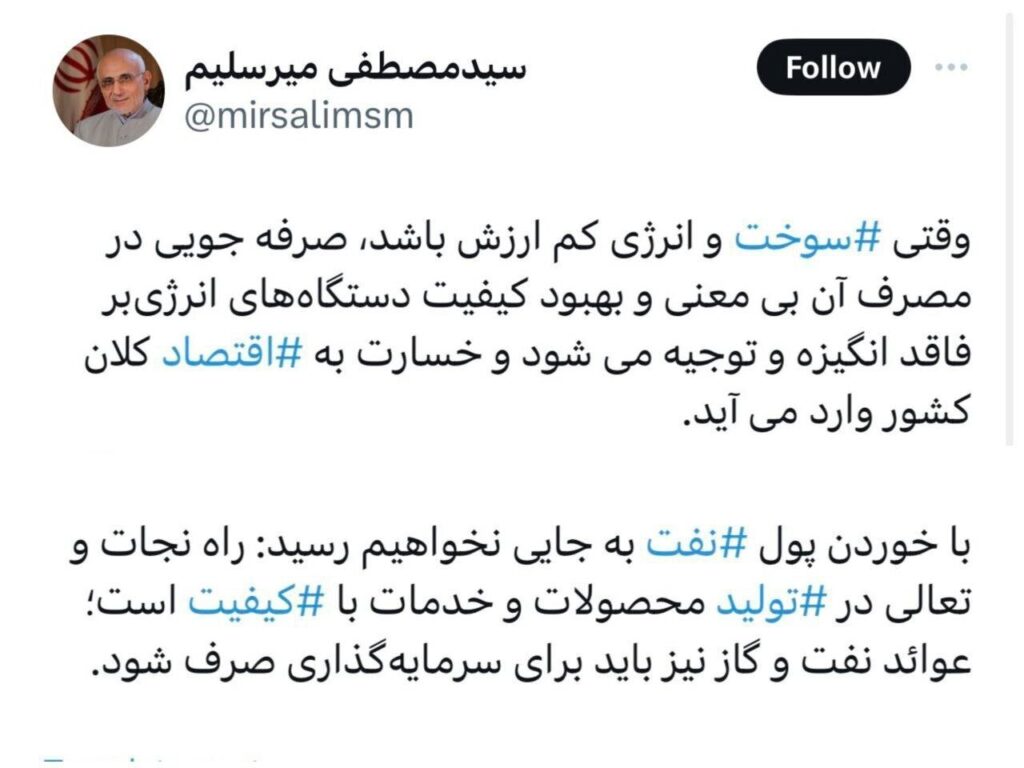 میرسلیم خواستار افزایش قیمت سوخت