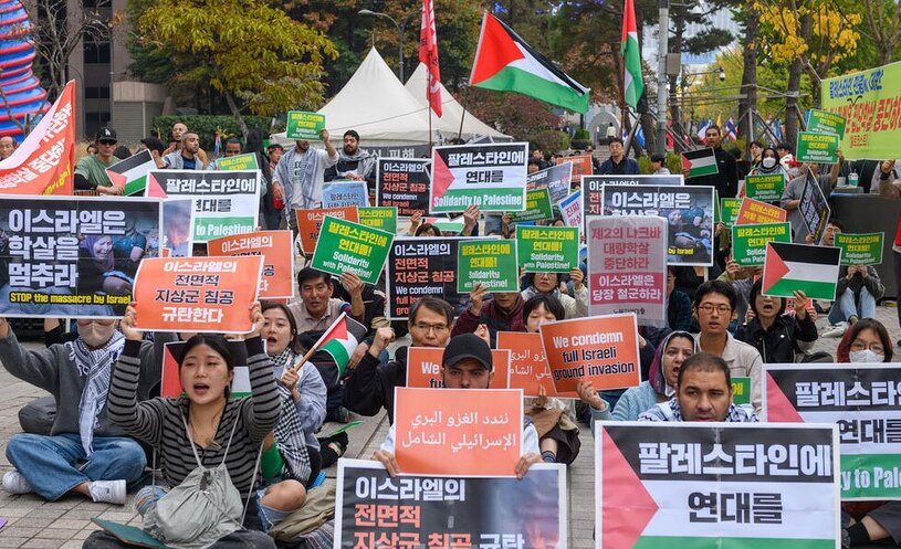 تجمع اعتراضی حامیان فلسطین شهر سئول