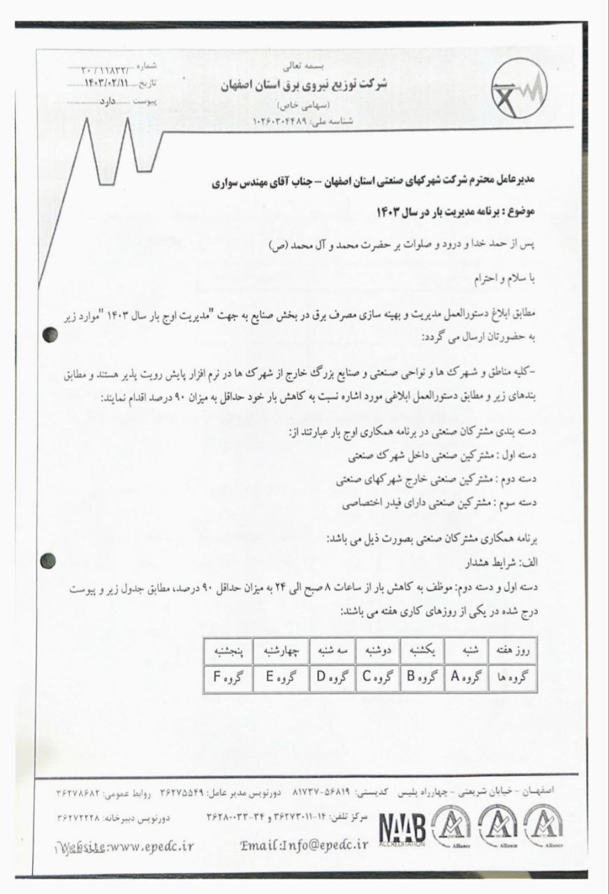 جدول قطعی برق از اول خرداد