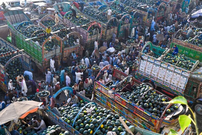 کامیون های مملو از بار هندوانه در بازار میوه