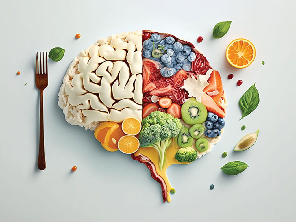 Brain with fruits, concept of healthy living and eating healthy