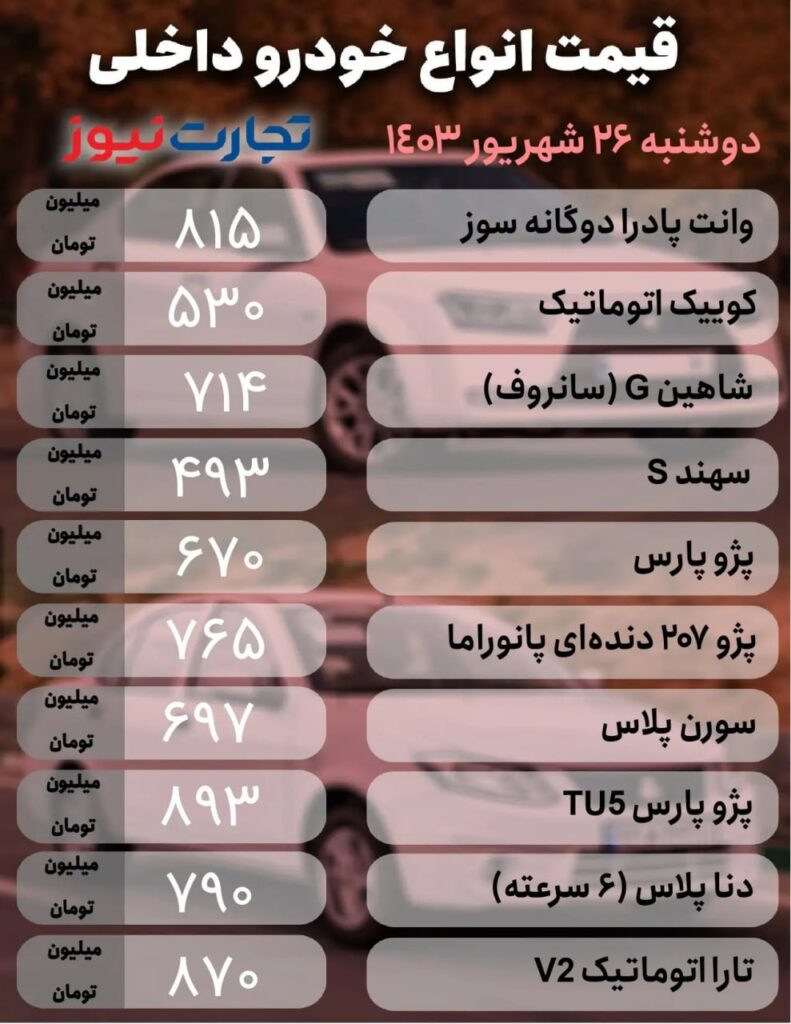 قیمت خودرو‌های داخلی
