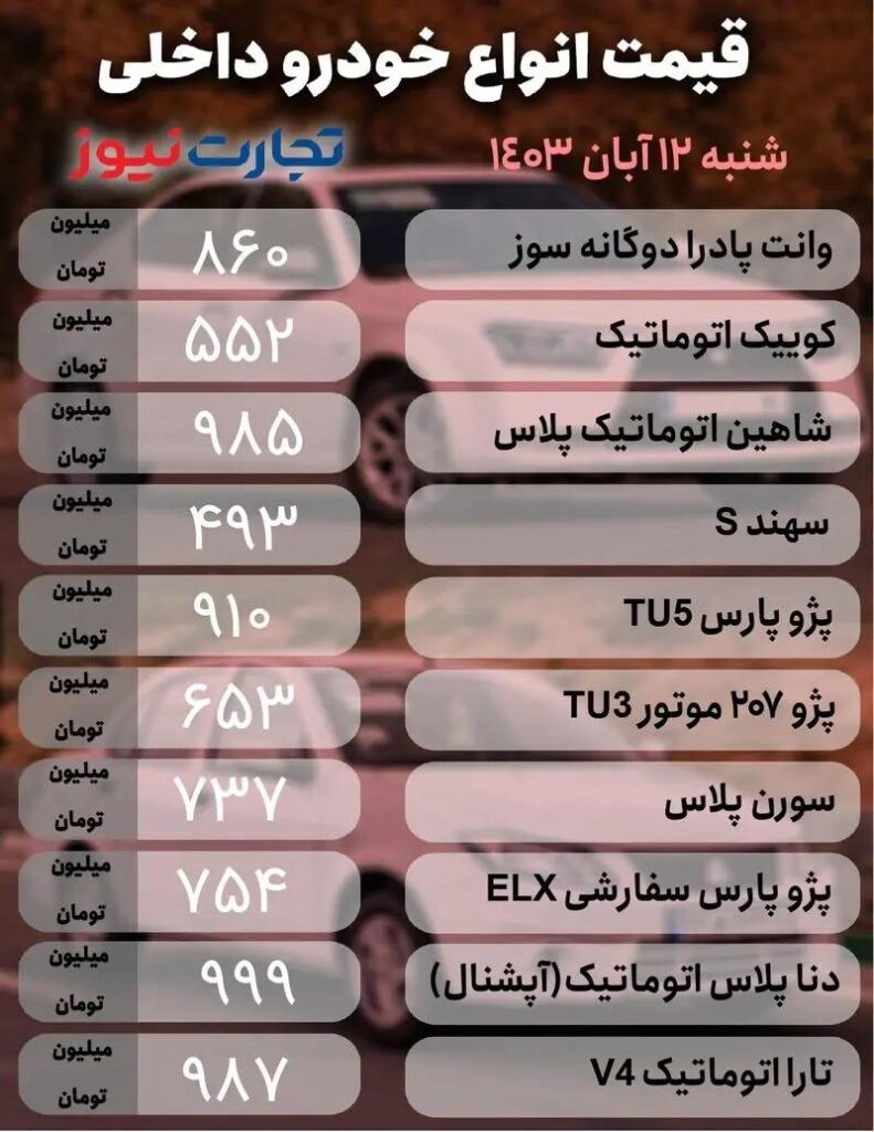قیمت خودروهای داخلی