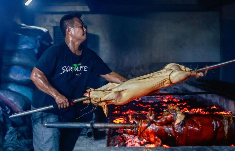 بریان کردن خوک روی ذغال چوب 