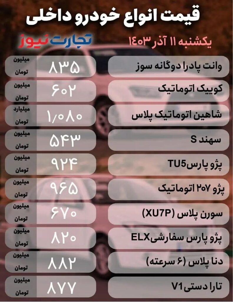 قیمت خودرو‌های داخلی