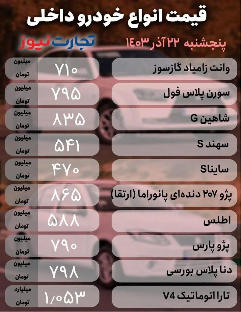 قیمت خودرو‌های داخلی