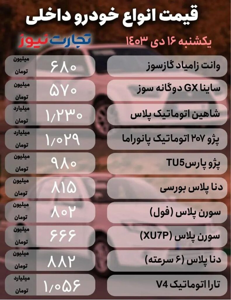 قیمت خودرو داخلی