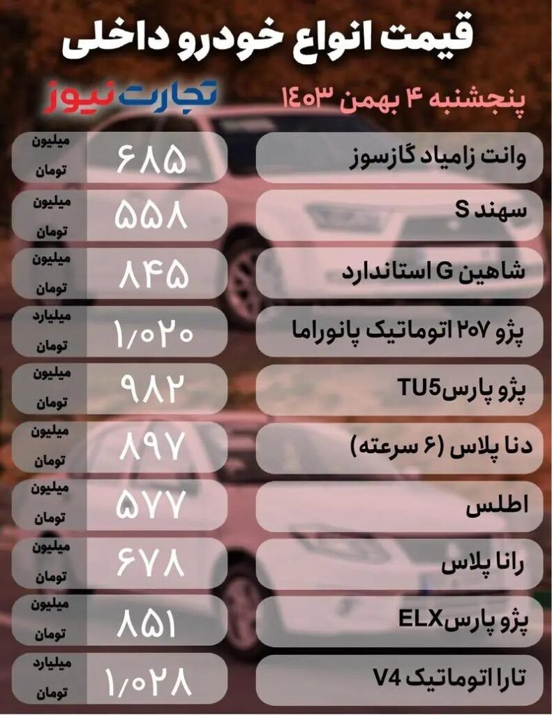 قیمت خودروهای داخلی