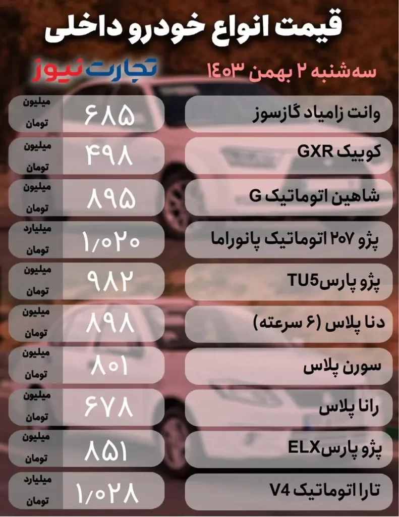 قیمت خودروهای داخلی