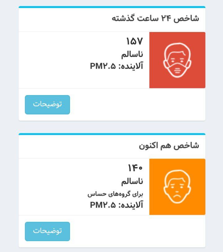 شاخص کیفیت هوا بر روی عدد ۱۴۰