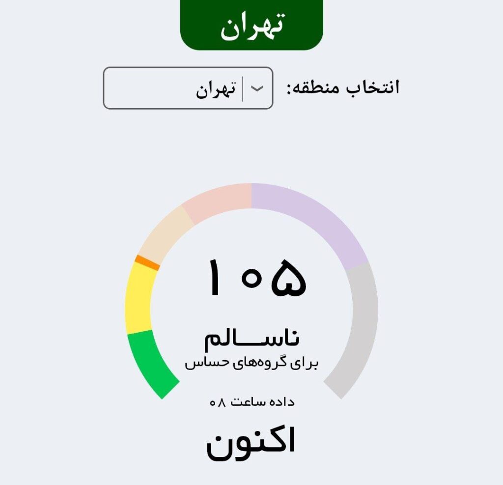 وضعیت هوای تهران هم اکنون، ناسالم 