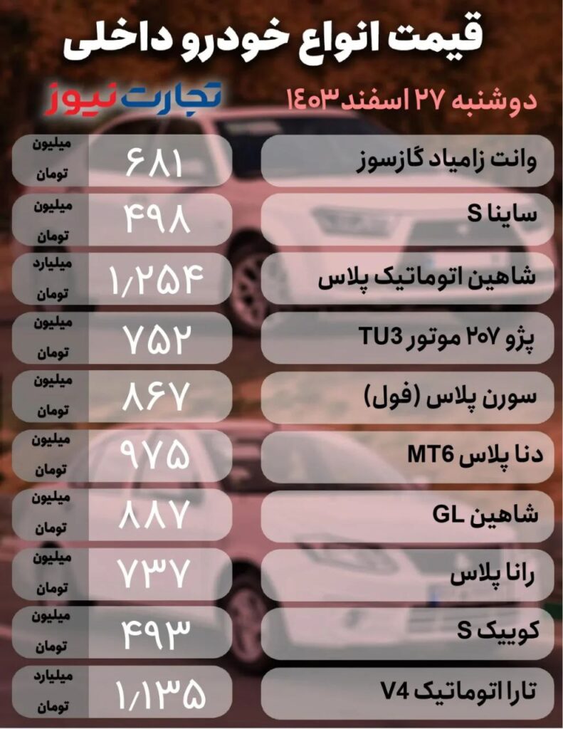 قیمت خودروهای داخلی
