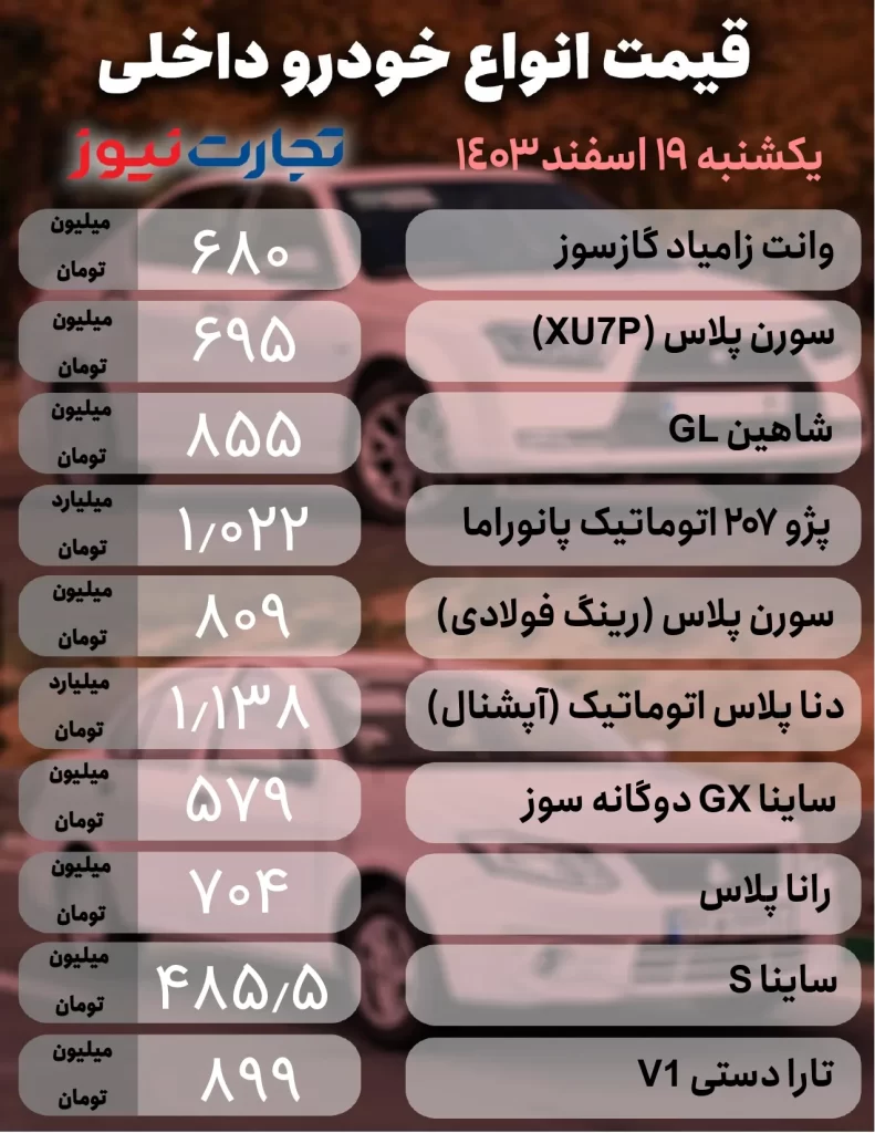 قیمت خودروهای داخلی