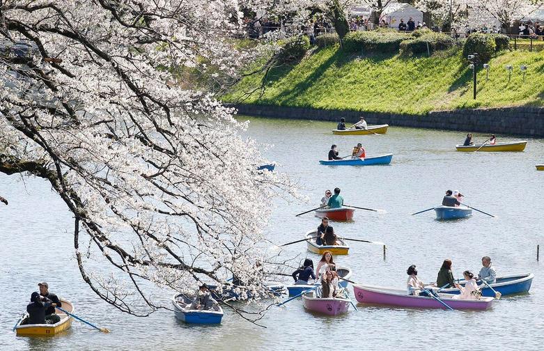 گردشگران ژاپنی روی قایق در دریاچه پارک "چیدوریگافوچی" 