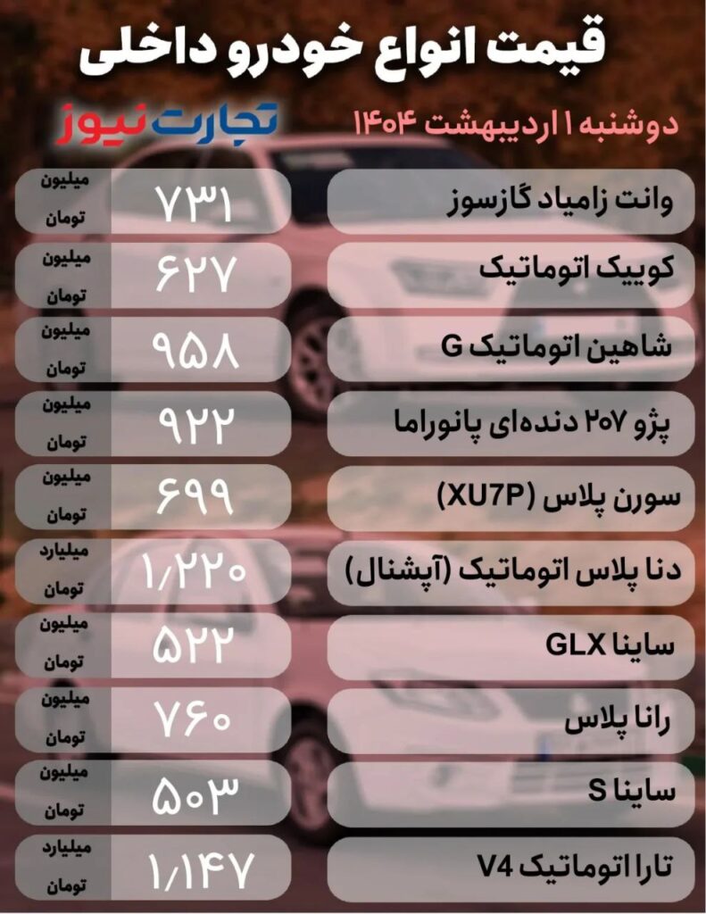 قیمت خودروهای داخلی