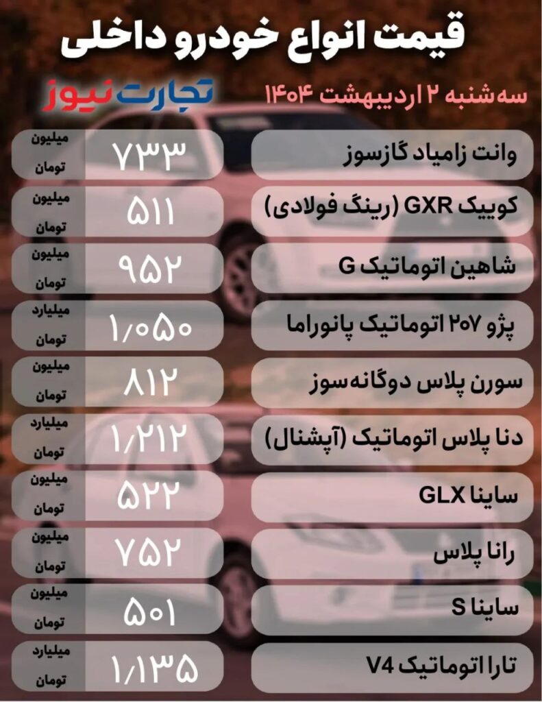  قیمت خودروهای داخلی