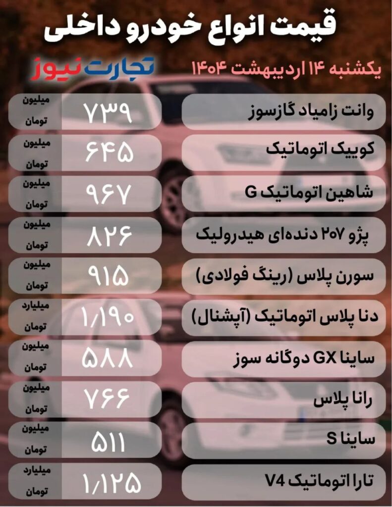 قیمت خودروهای داخلی