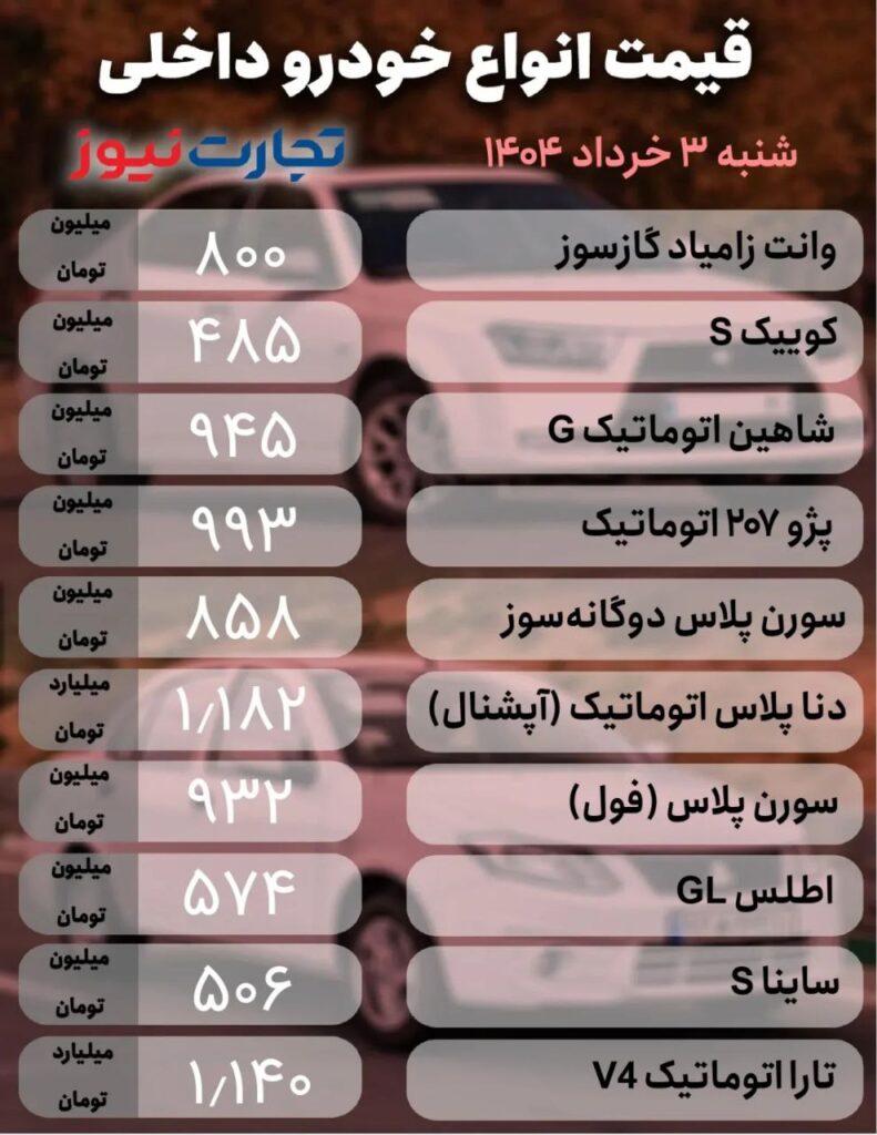 قیمت خودروهای داخلی