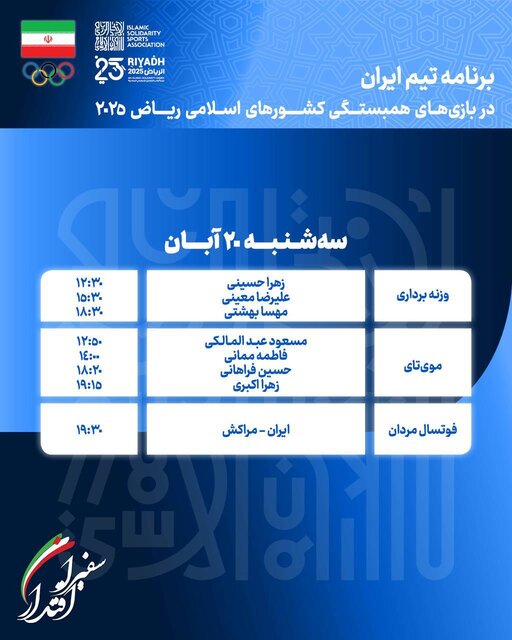 برنامه ورزشکاران ایران در چهارمین روز بازی‌های کشورهای اسلامی