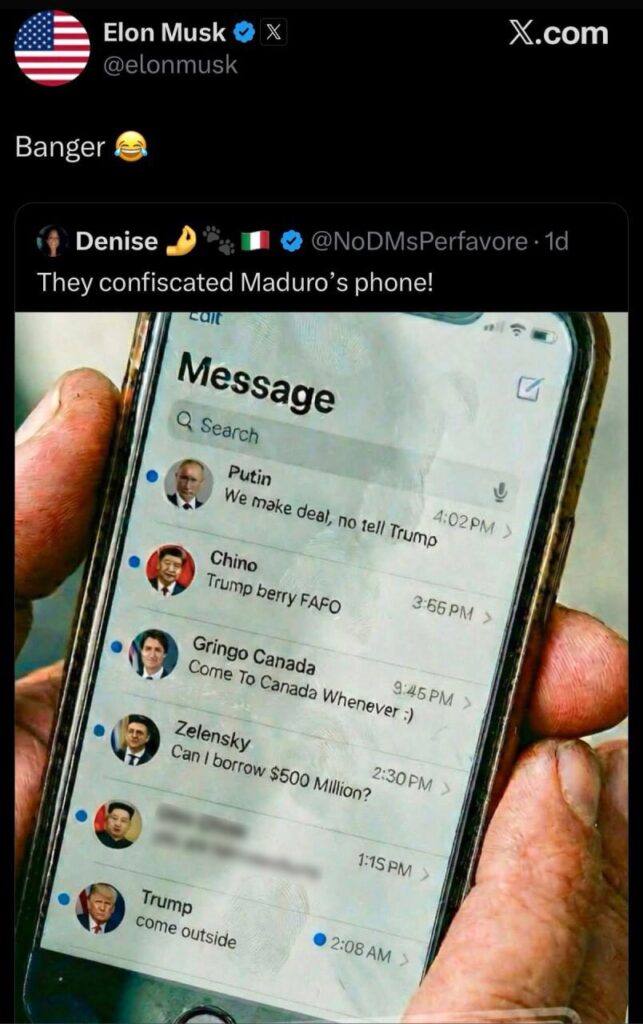 شوخی تازه ایلان ماسک با تلفن شخصی مادورو/ بازنشر تصویری جنجالی در شبکههای اجتماعی شوخی تازه ایلان ماسک با تلفن شخصی مادورو