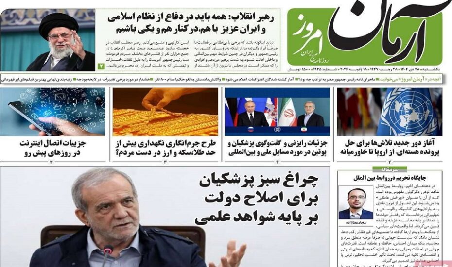 صفحه اول روزنامه‌ها 28 دی 1404