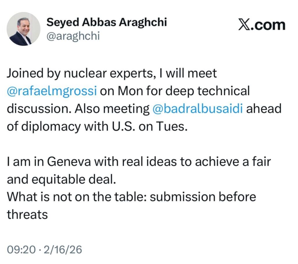 عراقچی: با ابتکاراتی برای توافق عادلانه به ژنو آمدهام / تسلیم در برابر تهدیدها در دستور کار نیست عراقچی: با ابتکاراتی برای توافق عادلانه به ژنو آمدهام