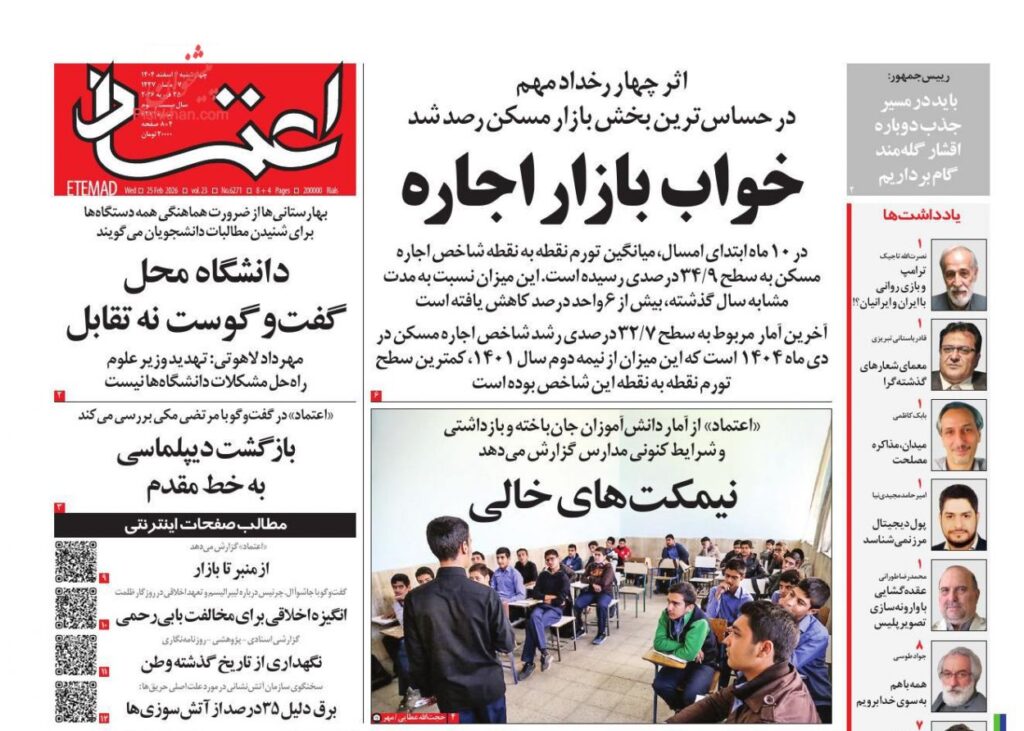 صفحه اول روزنامه ها 6 اسفند 1404 اعتماد