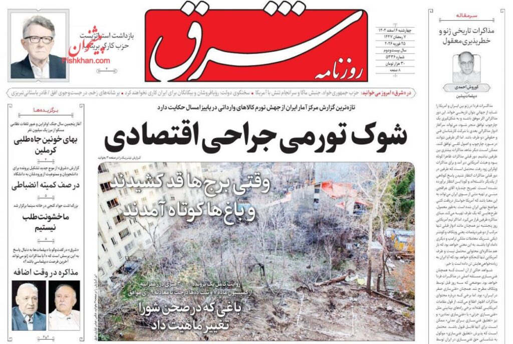 صفحه اول روزنامه ها 6 اسفند 1404 شرق