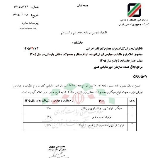 نرخ مالیات سیگار و تنباکو اعلام شد نرخ مالیات سیگار و تنباکو