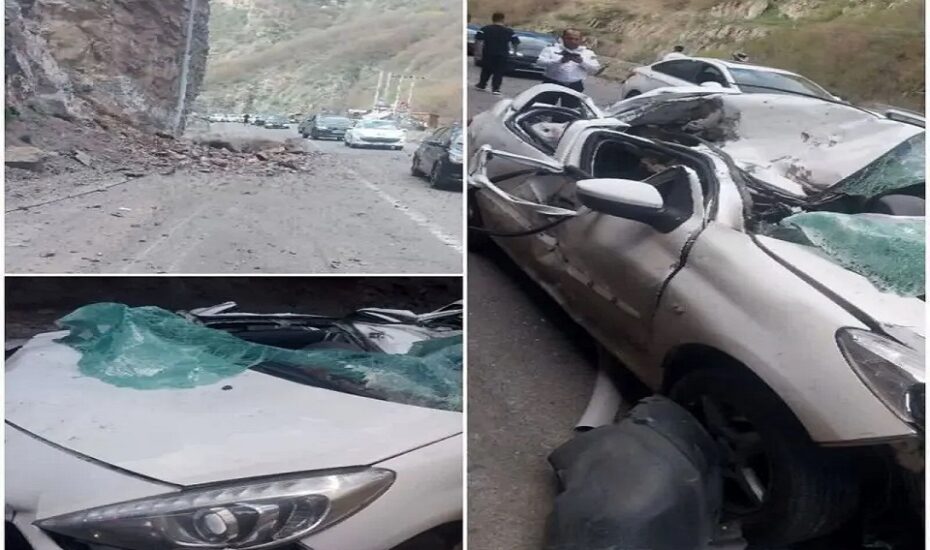 سقوط سنگ بر روی خودروها در جاده کندوان