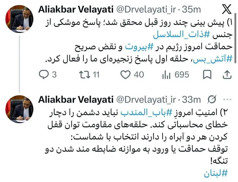 ولایتی: حلقههای مقاومت توان قفل کردن هر دو آبراه را دارند/ انتخاب با شماست؛ توقف حماقت یا ورود به موازنه دو تنگه ولایتی: حلقههای مقاومت