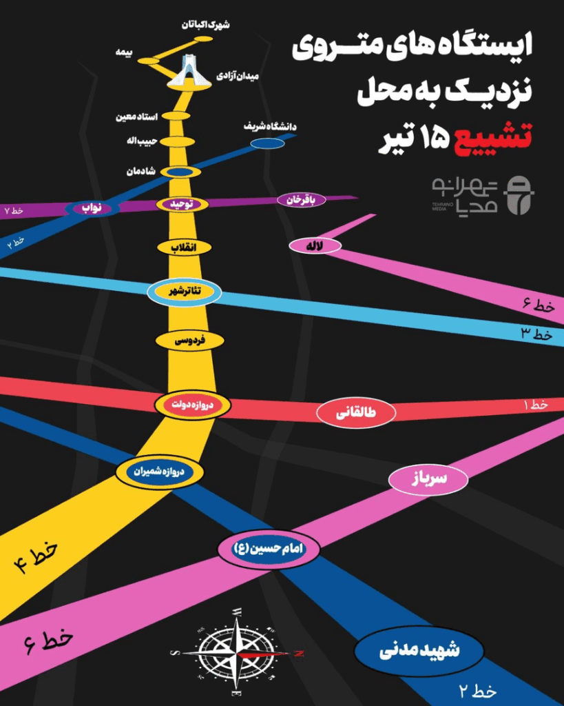 نزدیک‌ترین ایستگاه‌های مترو به مسیر تشییع ۱۵ تیر