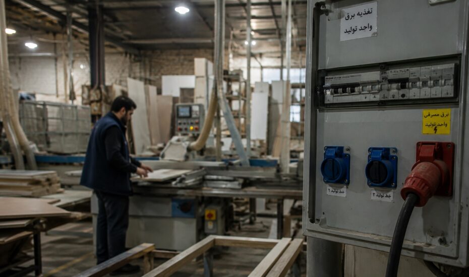 خطوط انتقال برق در کنار یک کارخانه صنعتی