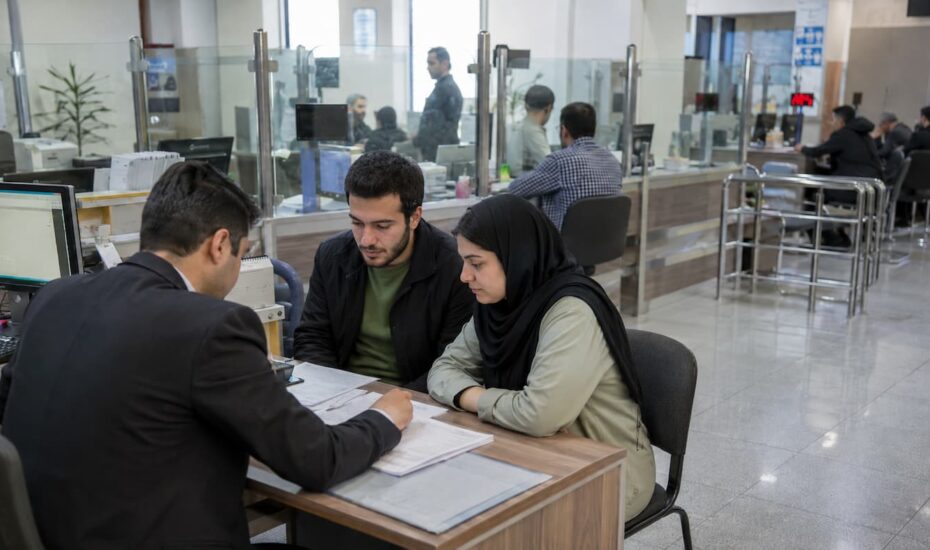 زوج جوان ایرانی در شعبه بانک در حال پیگیری پرونده