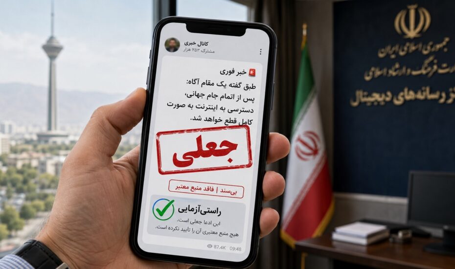 صفحه تلفن همراه با پیام اختلال اینترنت و علامت راستی‌آزمایی
